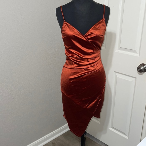 knee length dresses for ladies Lady Black Tie - Fall Floral Satin Midi Dress - Rust main image 1